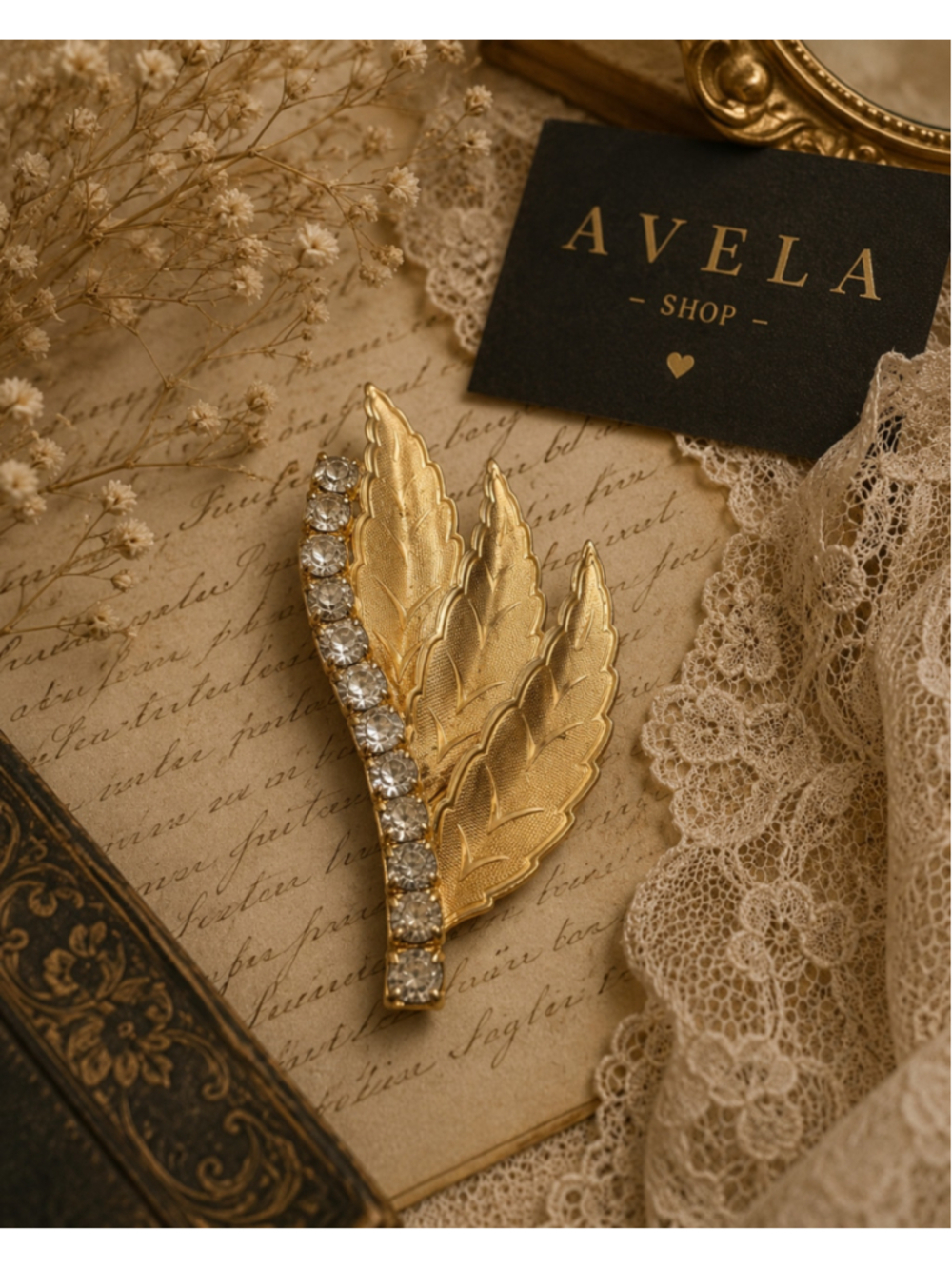 Vintage Gold Tone Triple Leaf Rhinestone Brooch – Elegant Mid-Century Botanical